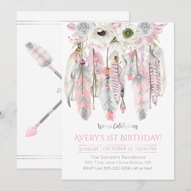 Pink Gray Dream Catcher Floral Feathers Arrows Invitation (Front/Back)
