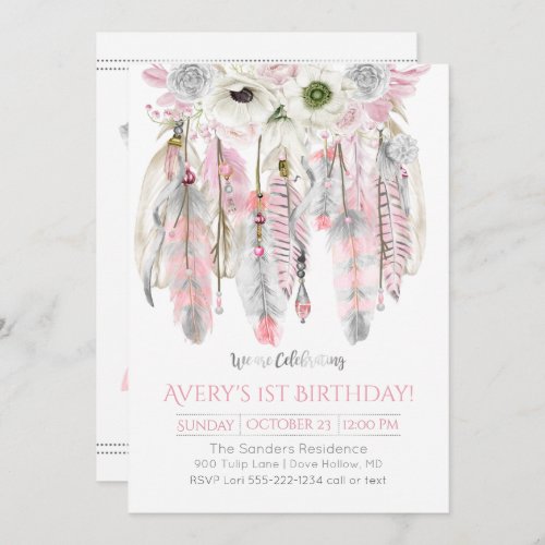 Pink Gray Dream Catcher Floral Feathers Arrows Invitation