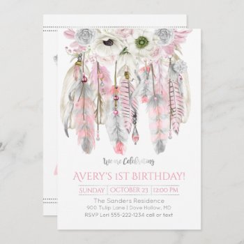 Pink Gray Dream Catcher Floral Feathers Arrows Invitation by HydrangeaBlue at Zazzle