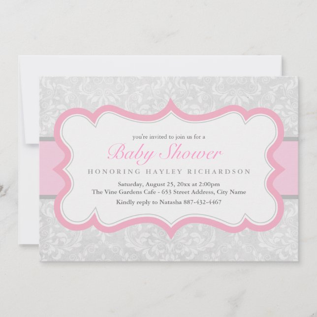 Pink & Gray Elegant Damask Baby Shower Invite (Front)