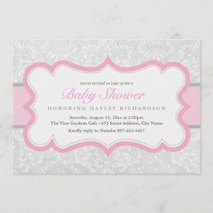 Pink & Gray Elegant Damask Baby Shower Invite