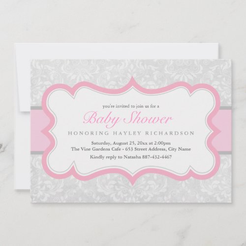 Pink  Gray Elegant Damask Baby Shower Invite