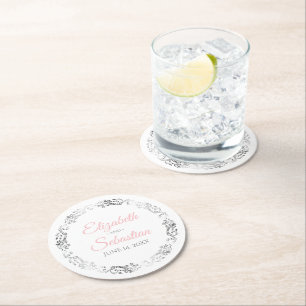 Pink & Gray Elegant Floral Filigree Wedding Round Paper Coaster