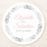 Pink & Gray Elegant Floral Filigree Wedding Round Paper Coaster<br><div class="desc">These wedding coasters are designed to coordinate with our Pink & Gray Elegant Wedding Suite. They feature Pink & Gray text on a white background with a silver faux foil floral border. There is a place to enter the couple's names and the wedding date. Wonderful wedding memento.</div>