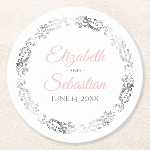 Pink  Gray Elegant Floral Filigree Wedding Round Paper Coaster