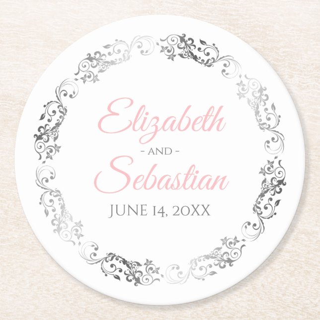Pink & Gray Elegant Floral Filigree Wedding Round Paper Coaster (Front)