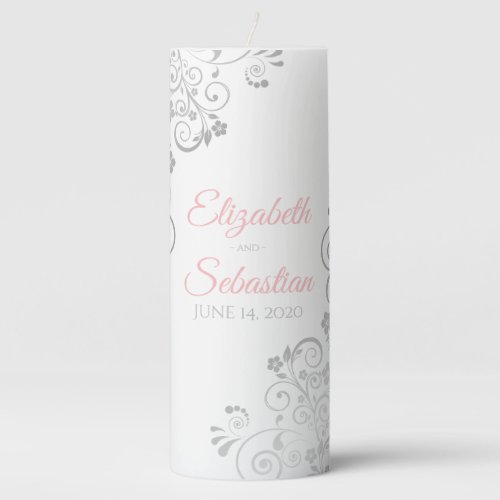 Pink  Gray Elegant Silver Floral Filigree Wedding Pillar Candle