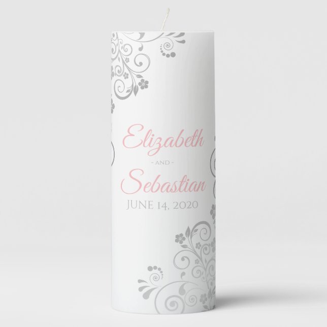 Pink & Gray Elegant Silver Floral Filigree Wedding Pillar Candle (Front)