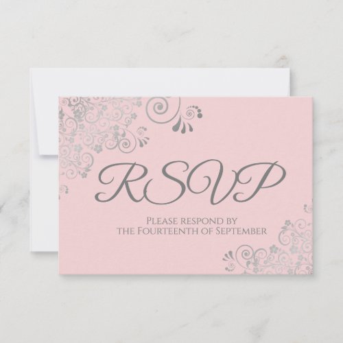 Pink  Gray Elegant Silver Lace Frills Wedding RSVP Card
