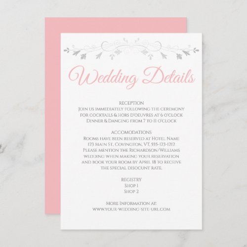 Pink  Gray Elegant Wedding Details Enclosure Card