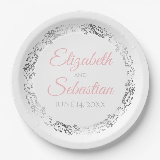 Pink & Gray Elegant Wedding Paper Plates (Front)