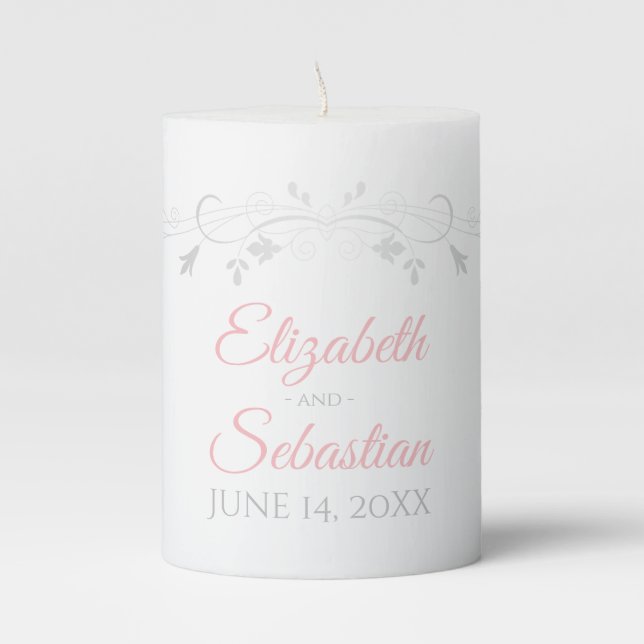 Pink & Gray Elegant Wedding Pillar Candle (Front)