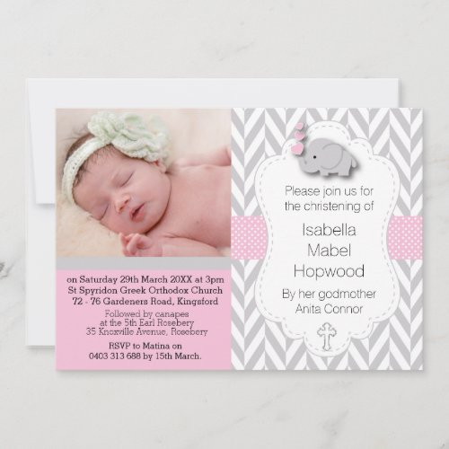 Pink  Gray Elephant  Baby Photo _ Christening Announcement