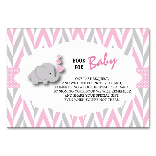 Pink & Gray Elephant Baby Shower | Bring a Book Table Number (Front)