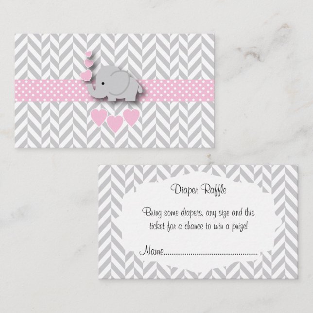 Pink Gray Elephant 🐘 Baby Shower Diaper Raffle Enclosure Card (Front/Back)