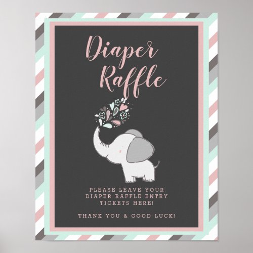 Pink Gray Elephant Baby Shower Diaper Raffle Sign