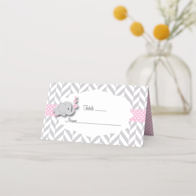Pink & Gray Elephant Baby Shower | Doubled-Sided Place Card (Front)