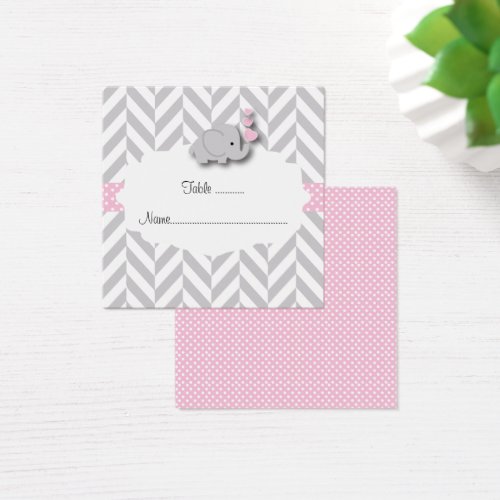 Pink  Gray Elephant Baby Shower Flat Place Card