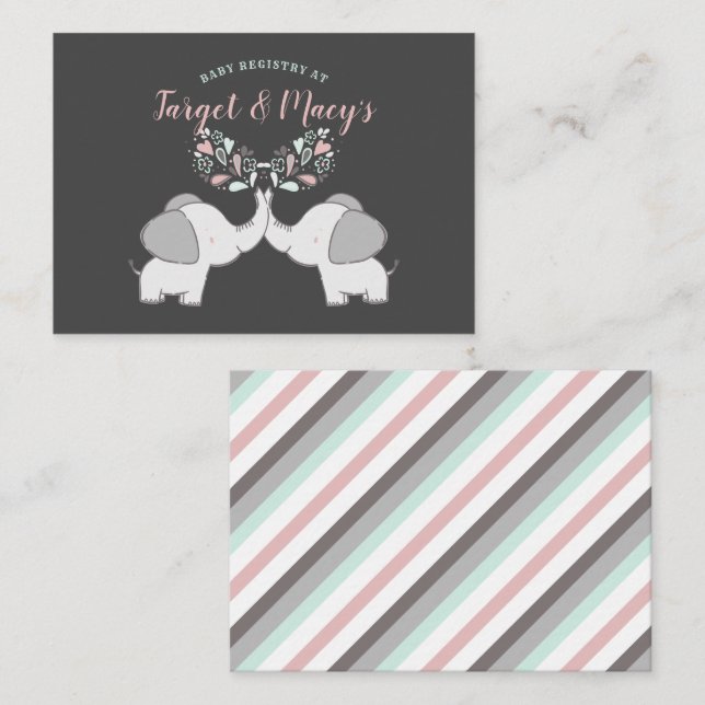 Pink & Gray Elephant Baby Shower Gift Registry Enclosure Card (Front/Back)