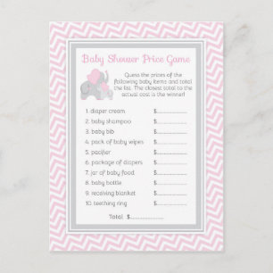 Pink & Gray Elephant Baby Shower Guess Price Game Invitation Postcard