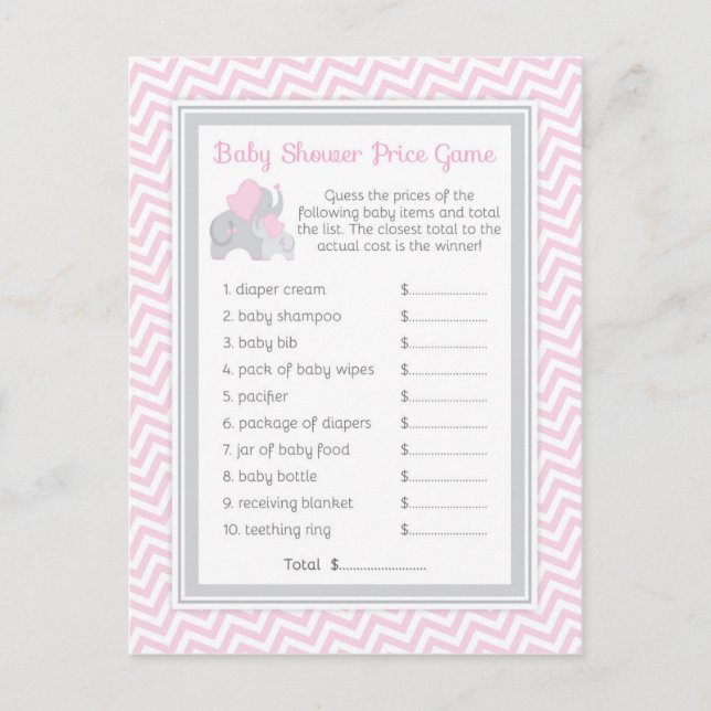 Pink & Gray Elephant Baby Shower Guess Price Game Invitation Postcard (Front)