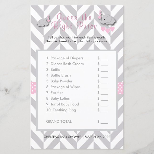 Pink & Gray Elephant Baby Shower - Guess the Price (Front)