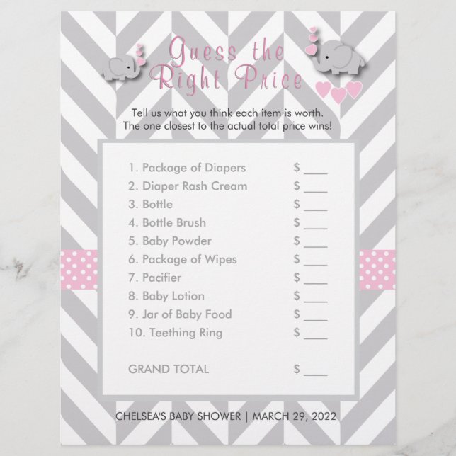 Pink & Gray Elephant Baby Shower - Guess the Price Flyer (Front)