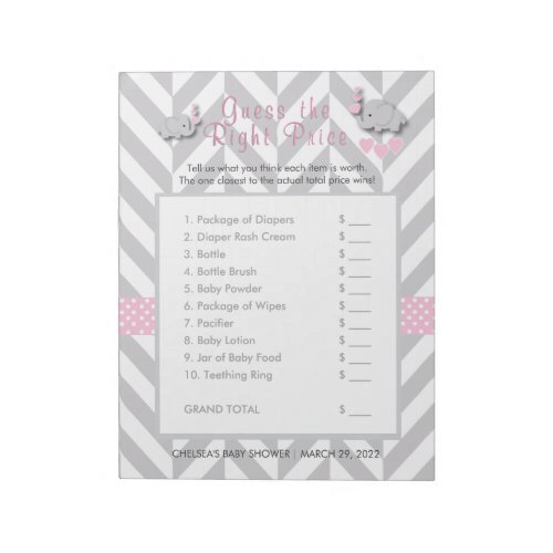 Pink  Gray Elephant Baby Shower _ Guess the Price Notepad