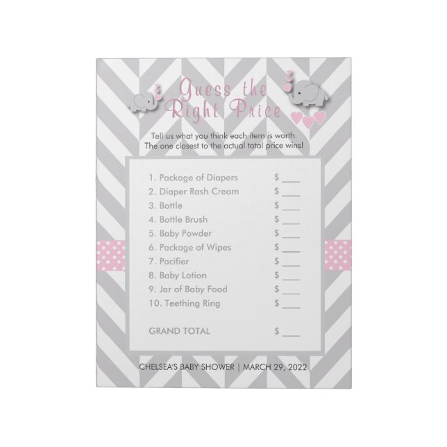 Pink & Gray Elephant Baby Shower - Guess the Price Notepad (Rotated)