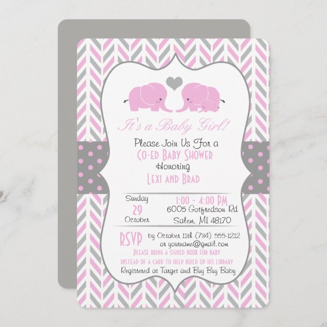 Pink Gray Elephant Baby Shower Invitation (Front/Back)