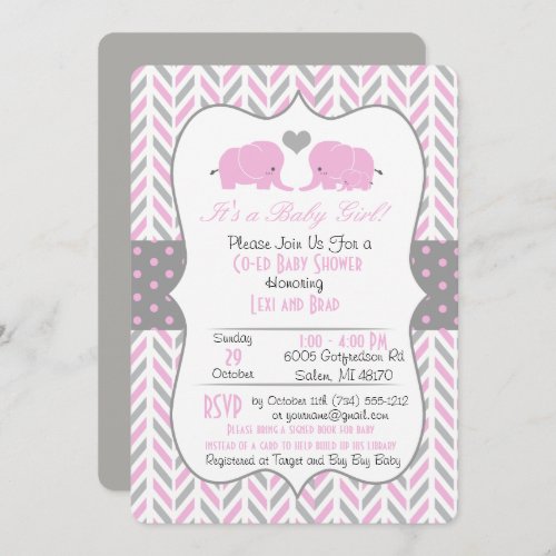 Pink Gray Elephant Baby Shower Invitation