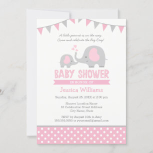 Pink Gray Elephant Baby Shower Invitation for Girl