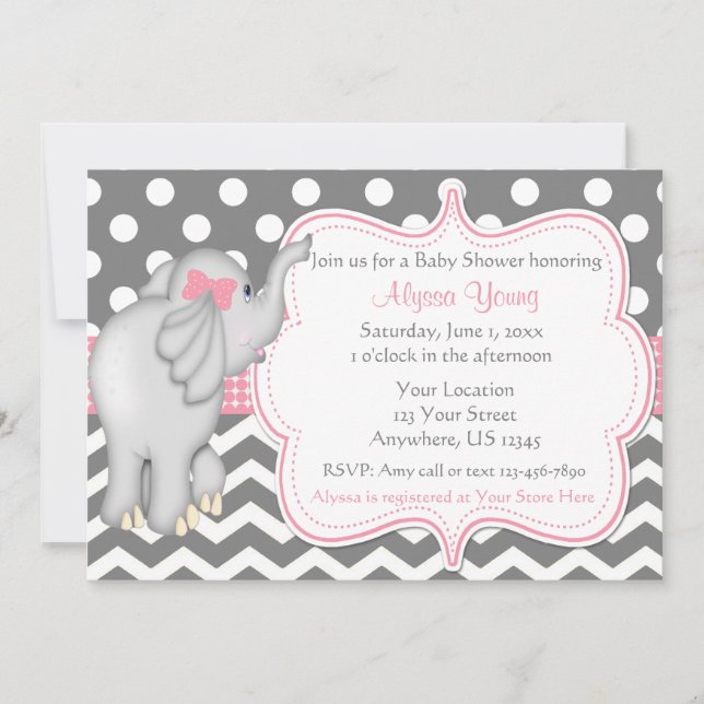 Pink Gray Elephant Baby Shower Invite (Front)