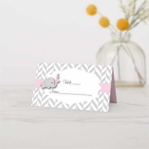 Pink  Gray Elephant Baby Shower Place Card
