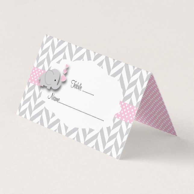 Pink & Gray Elephant Baby Shower | Place Cards (Front)