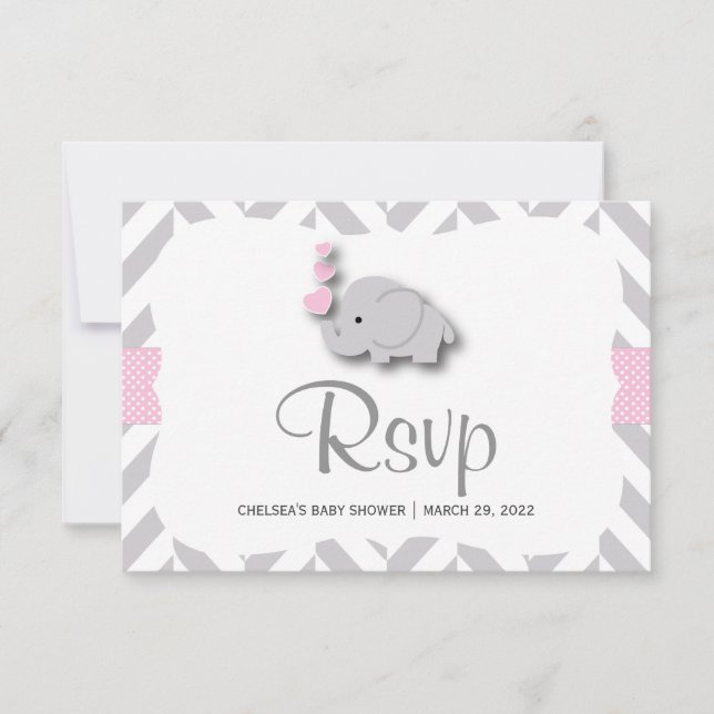 Pink & Gray Elephant Baby Shower - RSVP (Front)