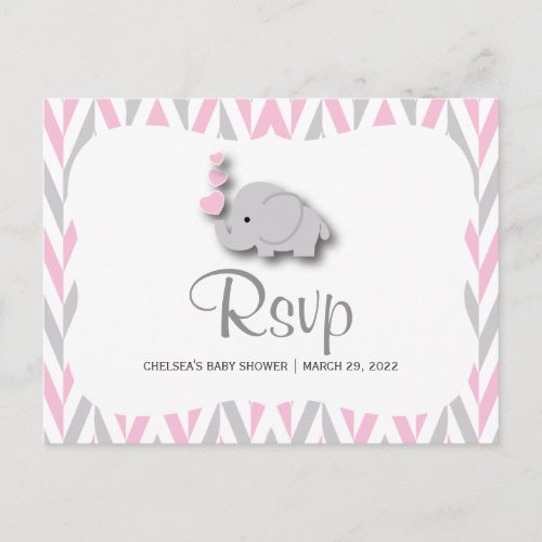 Pink  Gray Elephant Baby Shower _ RSVP 2 Invitation Postcard