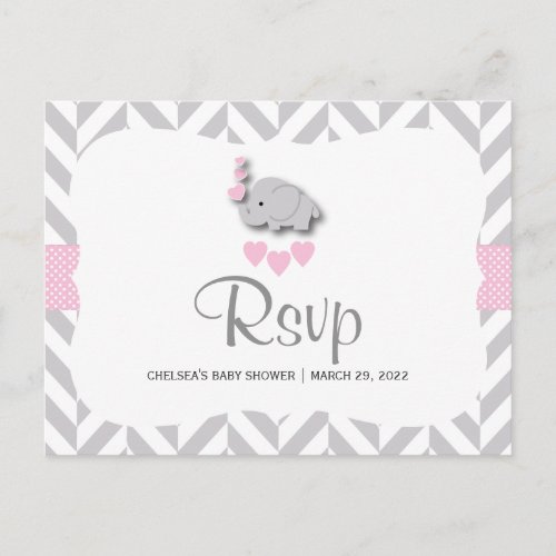 Pink  Gray Elephant Baby Shower _ RSVP Invitation Postcard