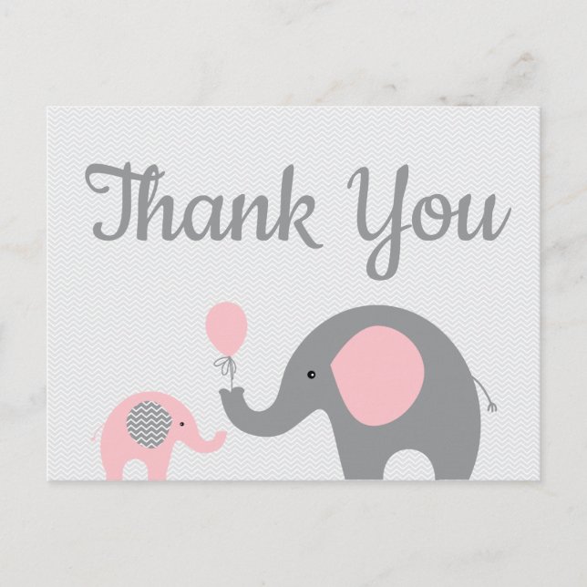 Pink Gray Elephant Baby Shower Thank You Postcard (Front)