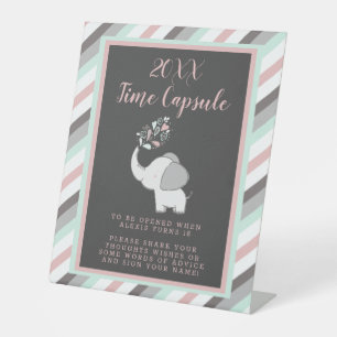 Pink & Gray Elephant Baby Shower Time Capsule Sign