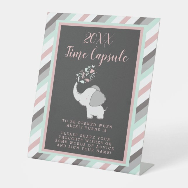 Pink & Gray Elephant Baby Shower Time Capsule Sign (Front)