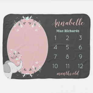 Pink & Gray Elephant Baby's First Year Milestone Baby Blanket