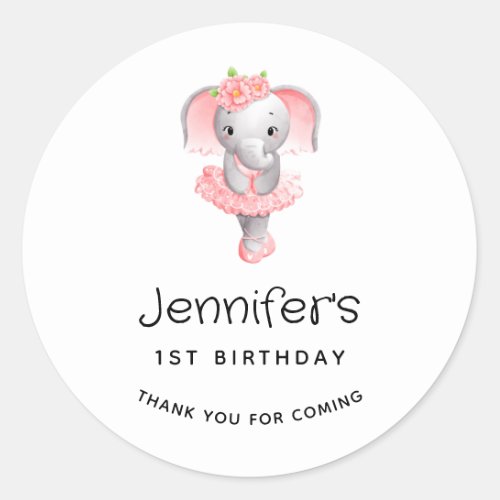 Pink  Gray Elephant Ballerina Birthday Thank You Classic Round Sticker