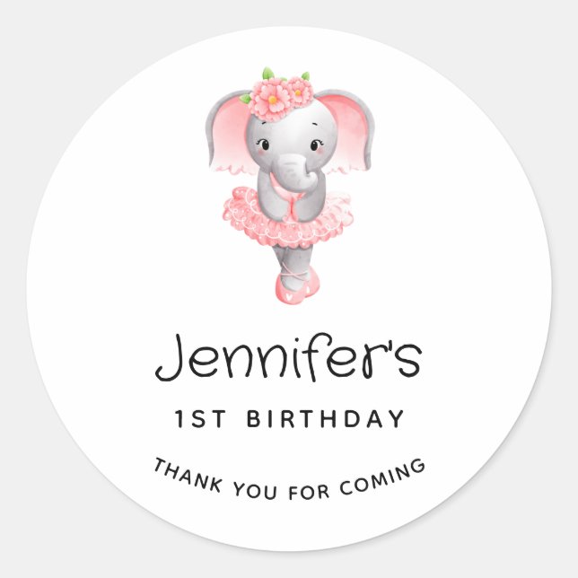 Pink & Gray Elephant Ballerina Birthday Thank You Classic Round Sticker (Front)