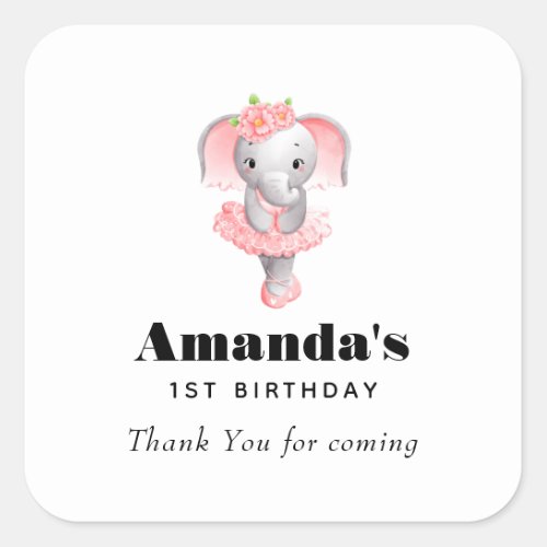 Pink  Gray Elephant Ballerina Birthday Thank You Square Sticker