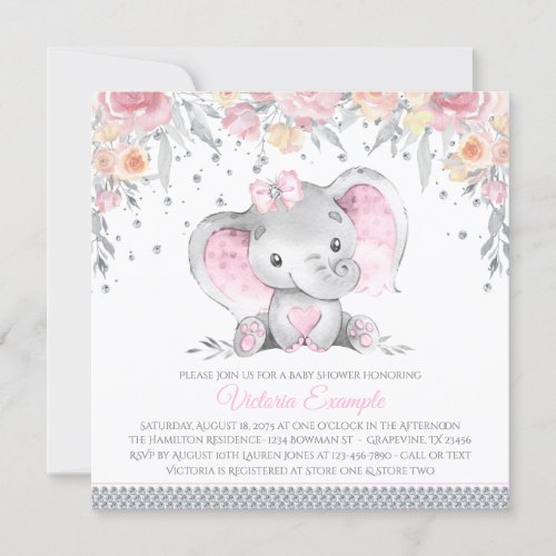 Pink Gray Elephant Diamond Floral Baby Shower Invitation