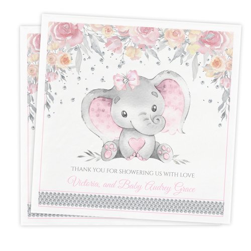 Pink Gray Elephant Diamond Floral Baby Shower Napkins