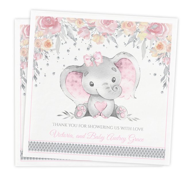 Pink Gray Elephant Diamond Floral Baby Shower Napkins (Personalize with optional text.)