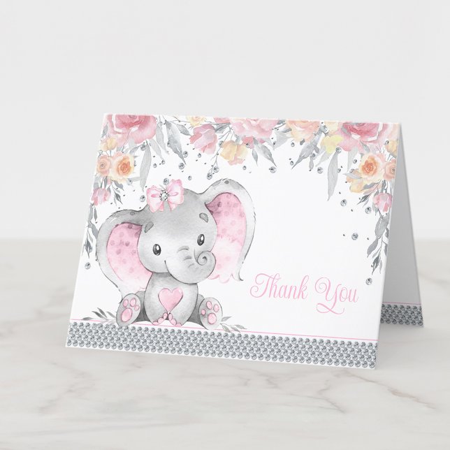 Pink Gray Elephant Diamond Floral Baby Shower Thank You Card (Add your message to the inside or leave blank for your handwritten message when they arrive.)