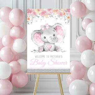 Pink Gray Elephant Floral Diamond Baby Shower Sign
